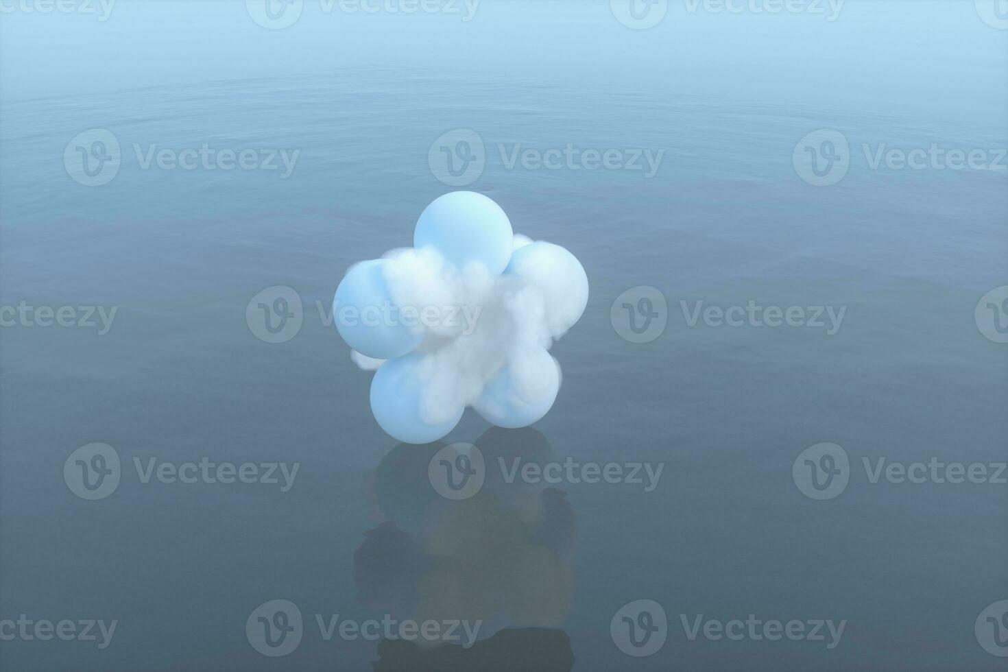 Balls and clouds floating on the lake,peaceful scene,3d rendering. photo