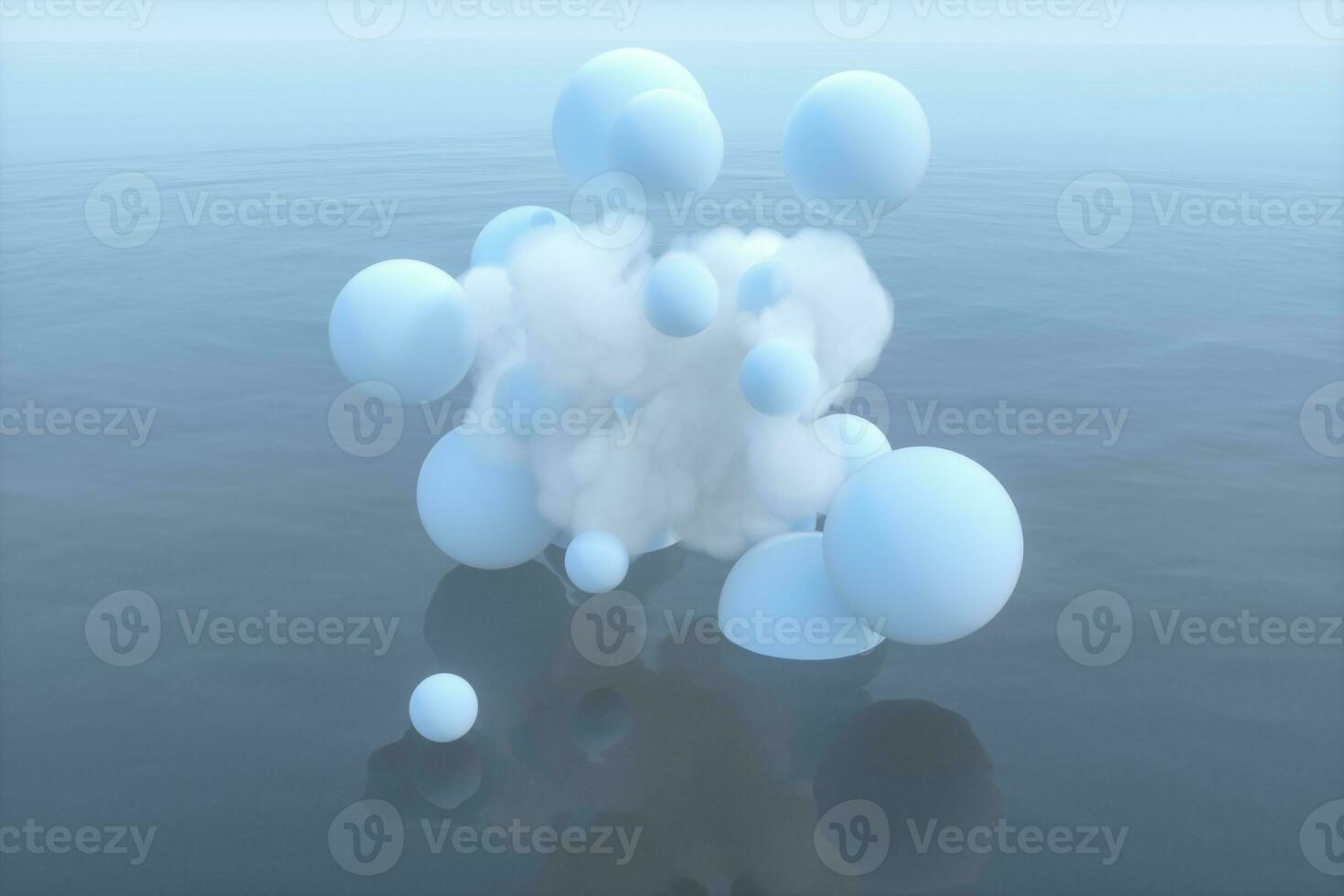 Balls and clouds floating on the lake,peaceful scene,3d rendering. photo