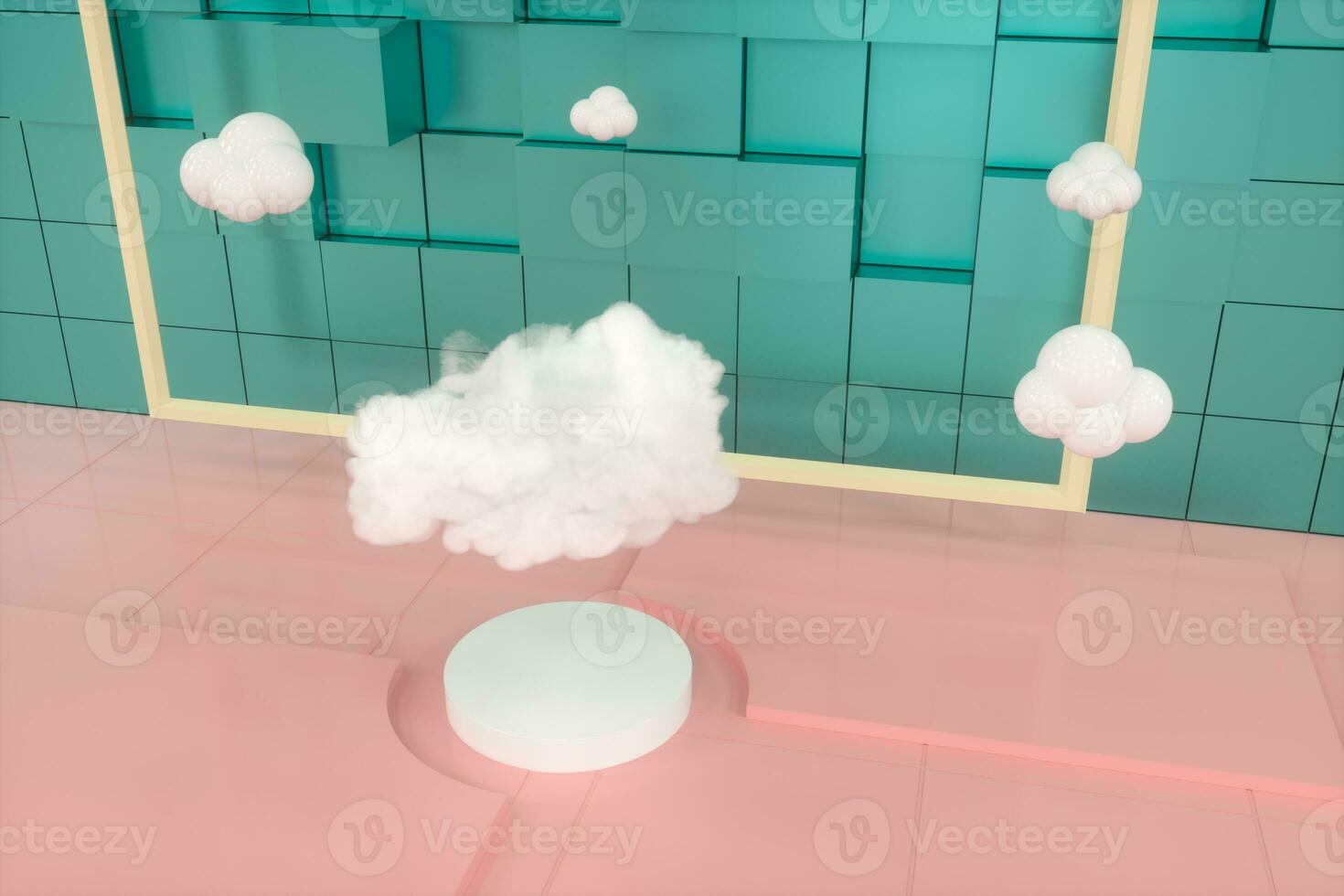 Cartoon clouds and cartoon cubes,geometry room,3d rendering. photo