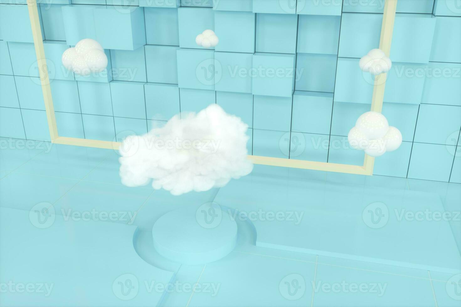 Cartoon clouds and cartoon cubes,geometry room,3d rendering. photo