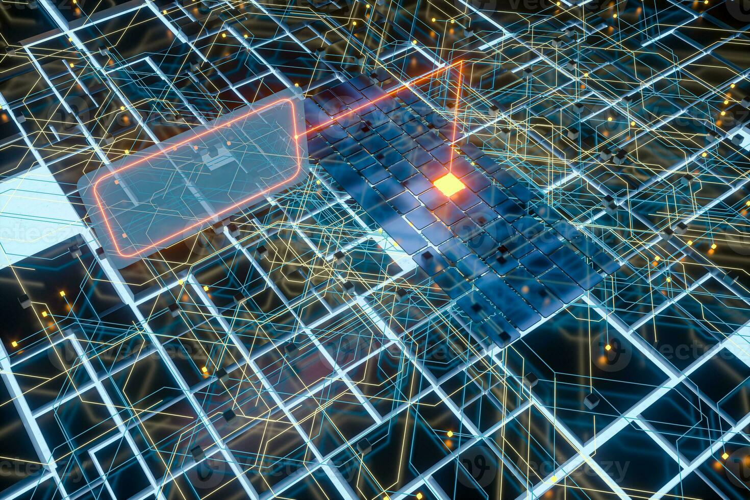 Circuit board and current data, data background, 3d rendering. photo