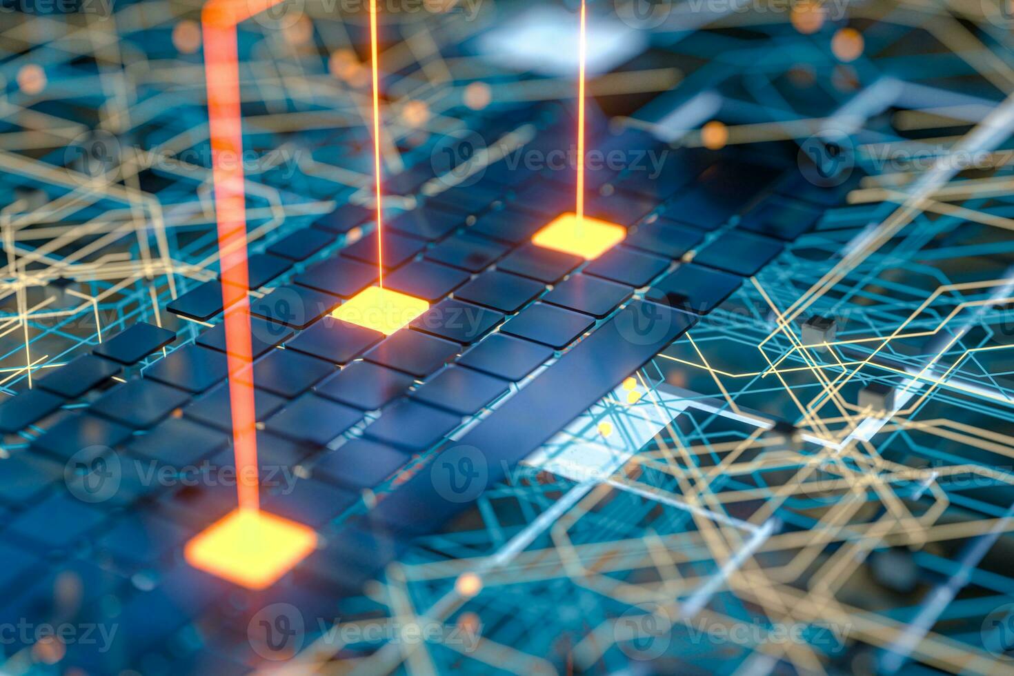 Circuit board and current data, data background, 3d rendering. photo