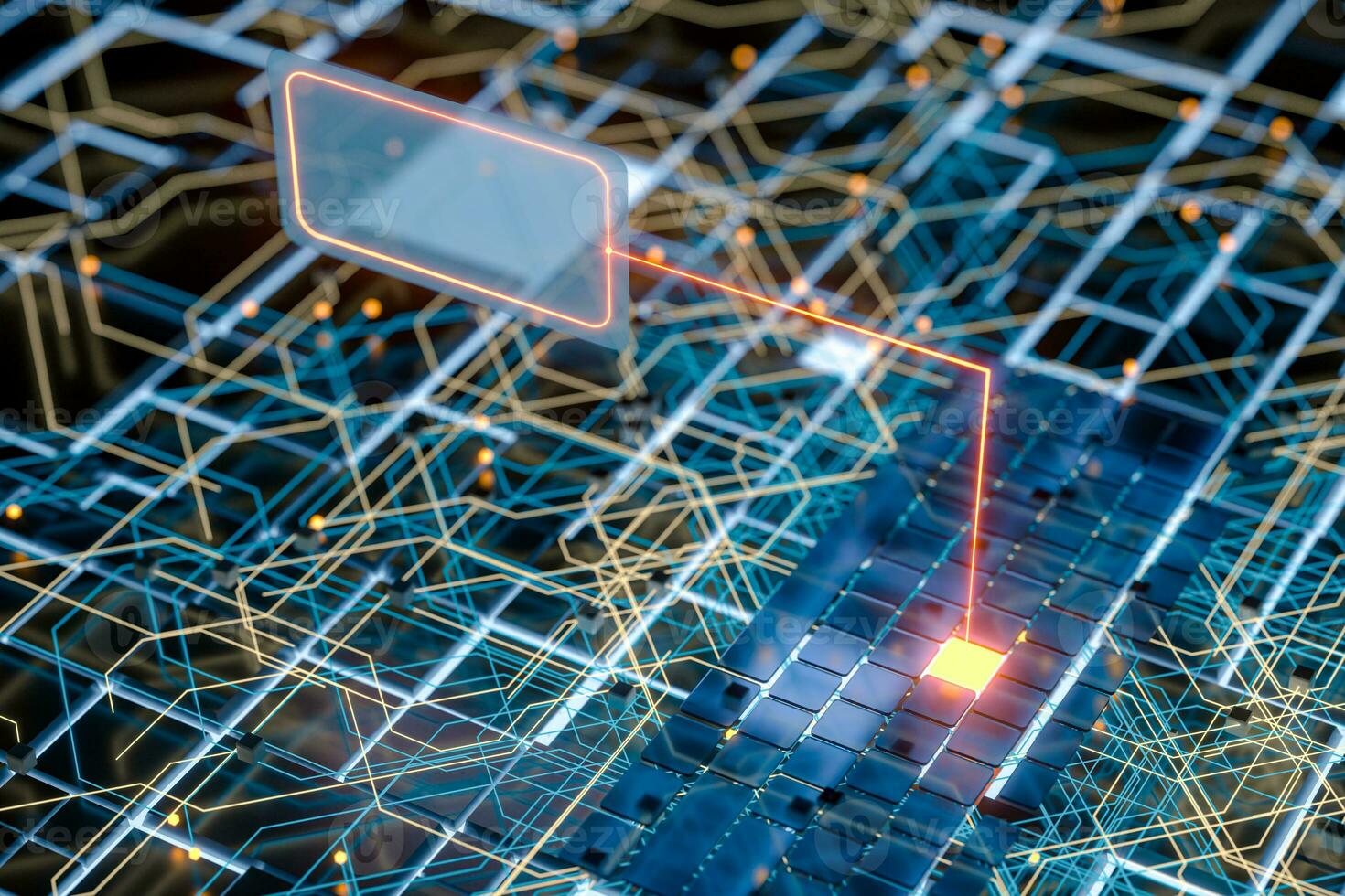 Circuit board and current data, data background, 3d rendering. photo