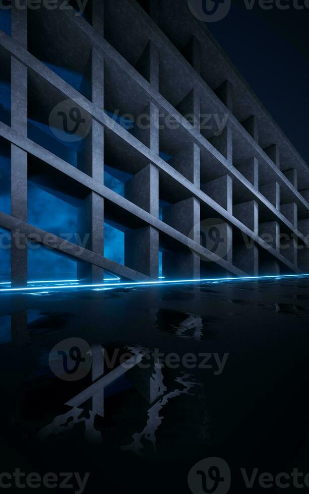 Concrete structure of buildings and neon lines, 3d rendering. photo