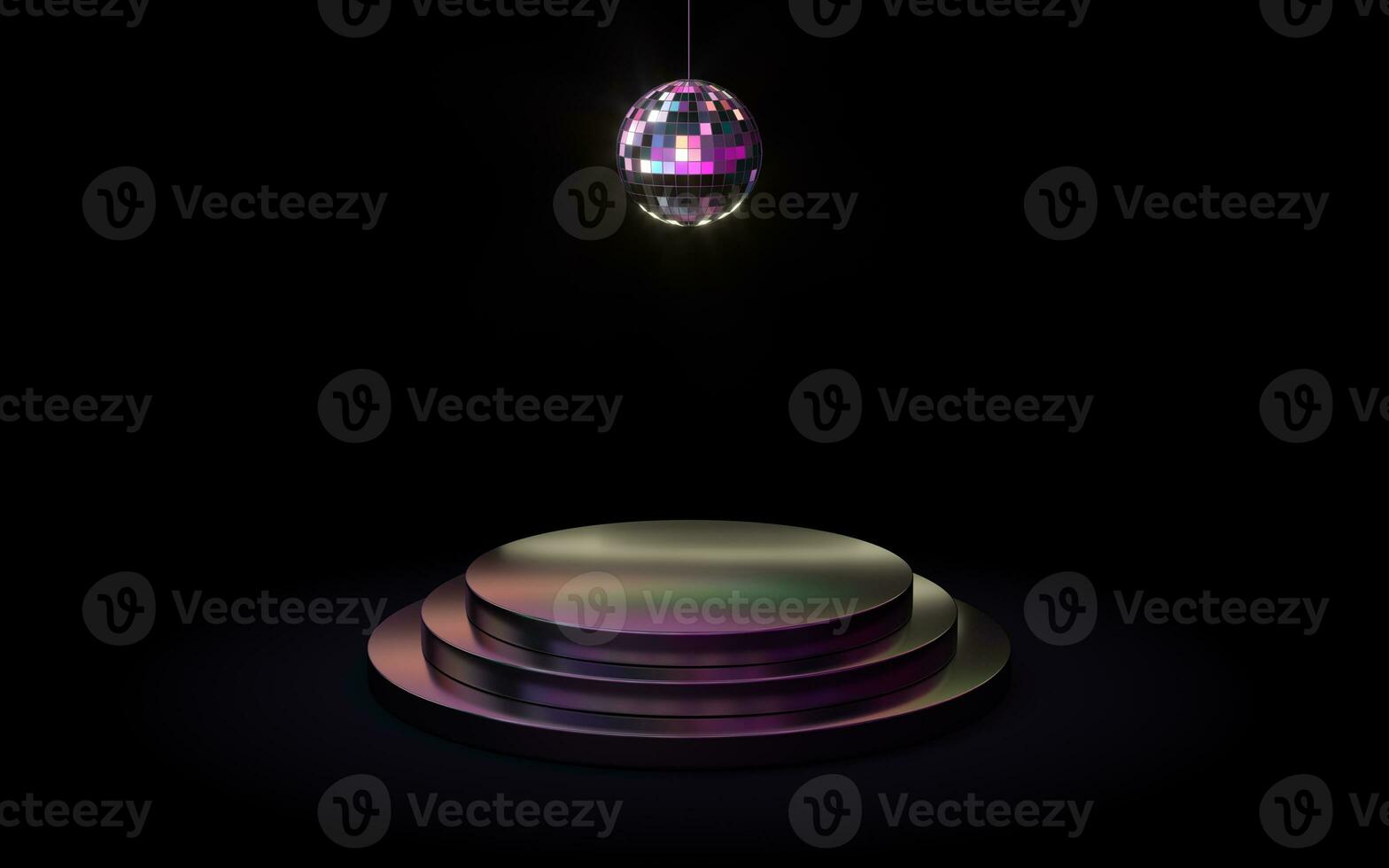 Empty metal product platform with a disco ball on the top, 3d rendering. photo