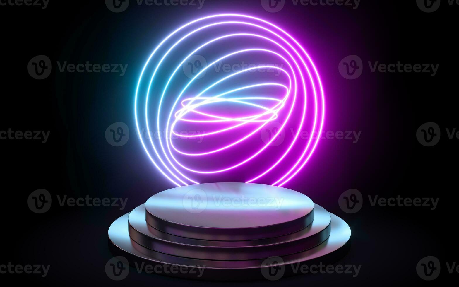Empty metal product platform with neon light, 3d rendering. photo