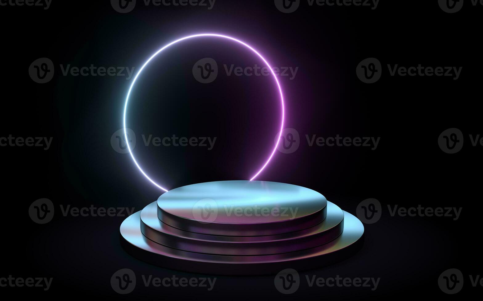 Empty metal product platform with neon light, 3d rendering. photo