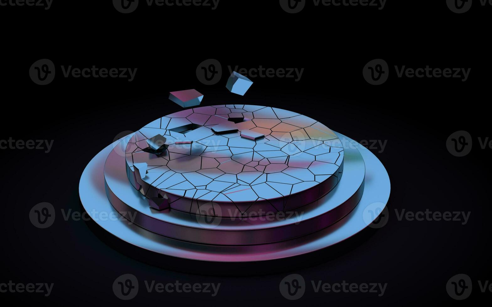 Empty cracked metal product platform with neon light, 3d rendering. photo