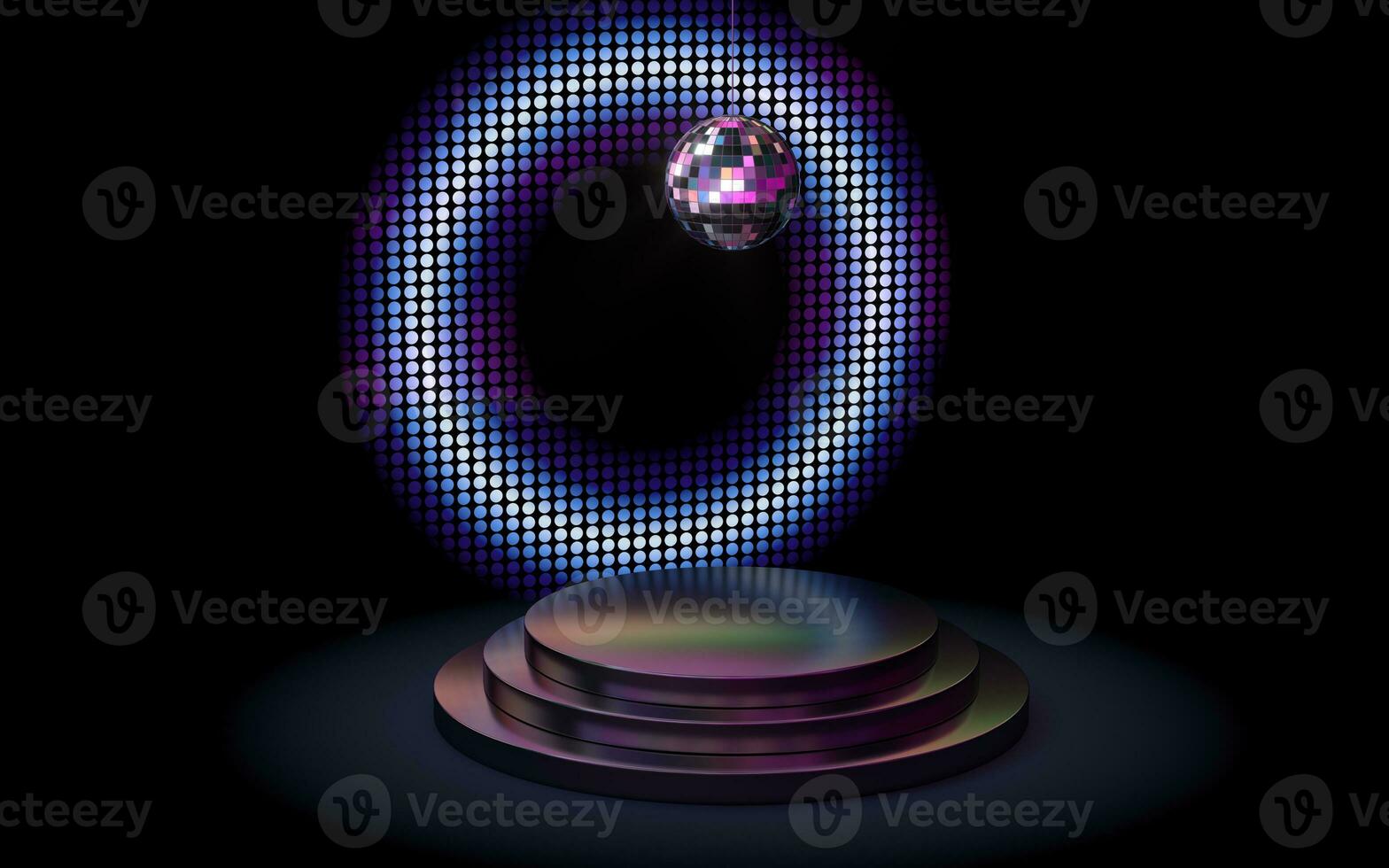 Empty metal product platform with a disco ball on the top, 3d rendering. photo