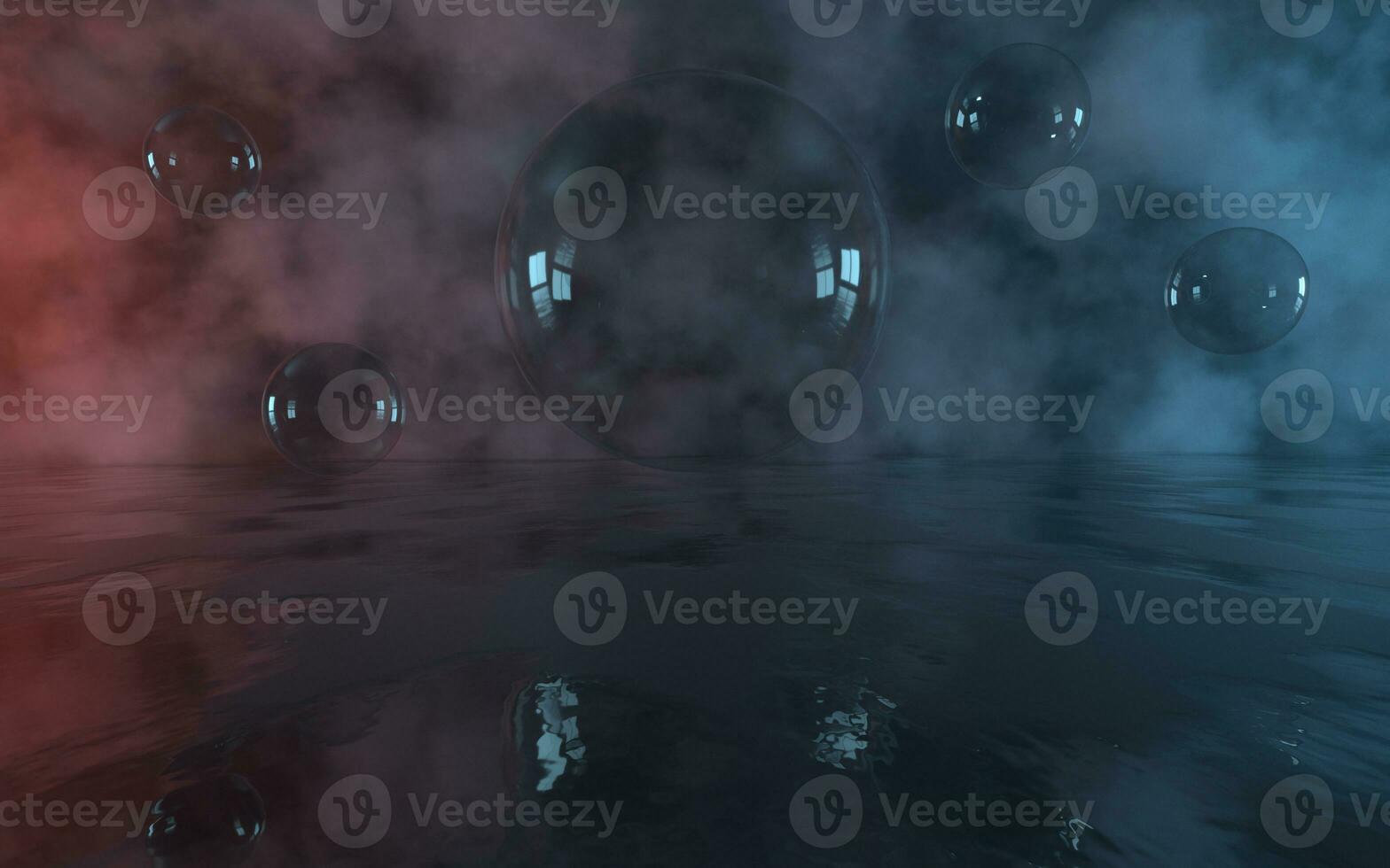 Bubbles float with fog background, 3d rendering. photo