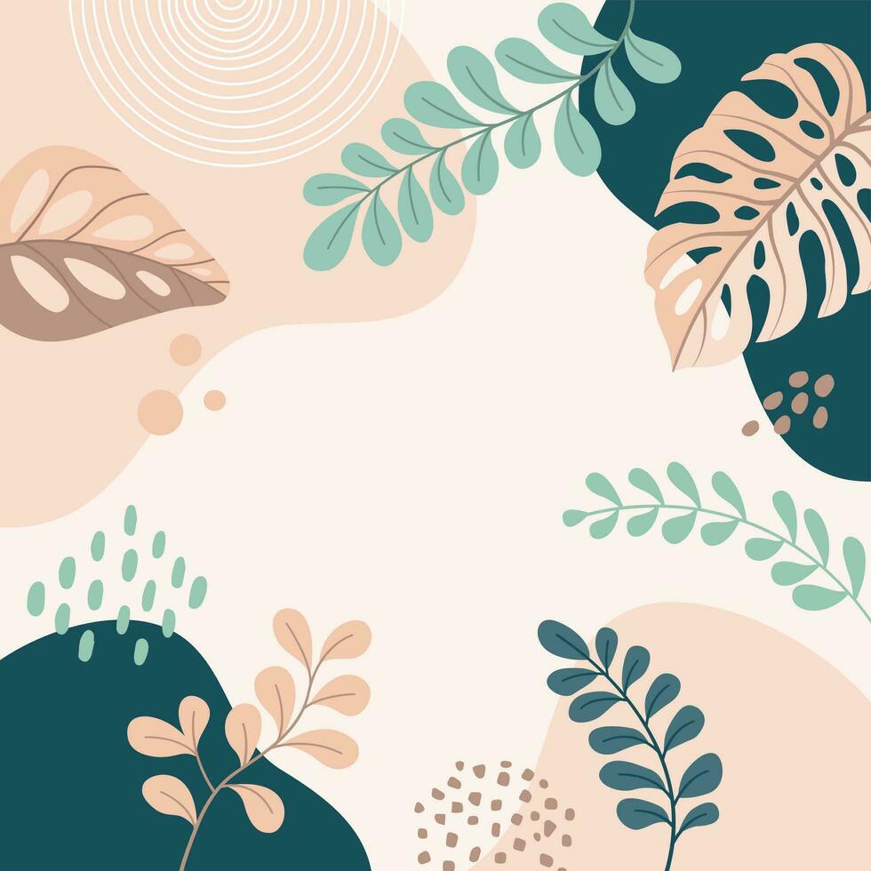 diseño de fondo de marco de banner. ilustración de vector de fondo de cartel colorido. plantas exóticas, ramas, impresión de arte para belleza, moda y productos naturales, bienestar, boda y evento.