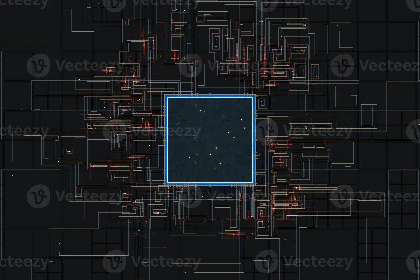 Circuit with glowing lines with dark background, 3d rendering. photo