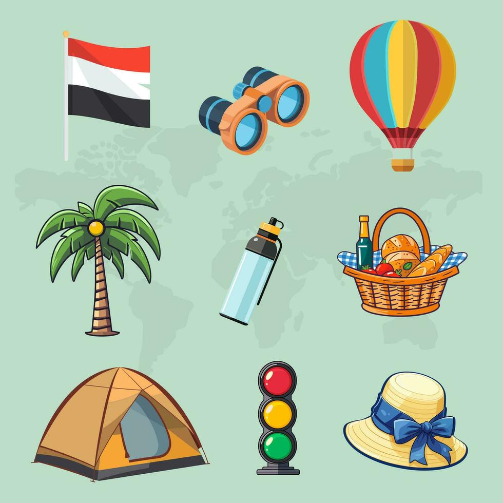 9 9 mundo turismo día icono ilustraciones conjunto aislado en el de colores antecedentes vector