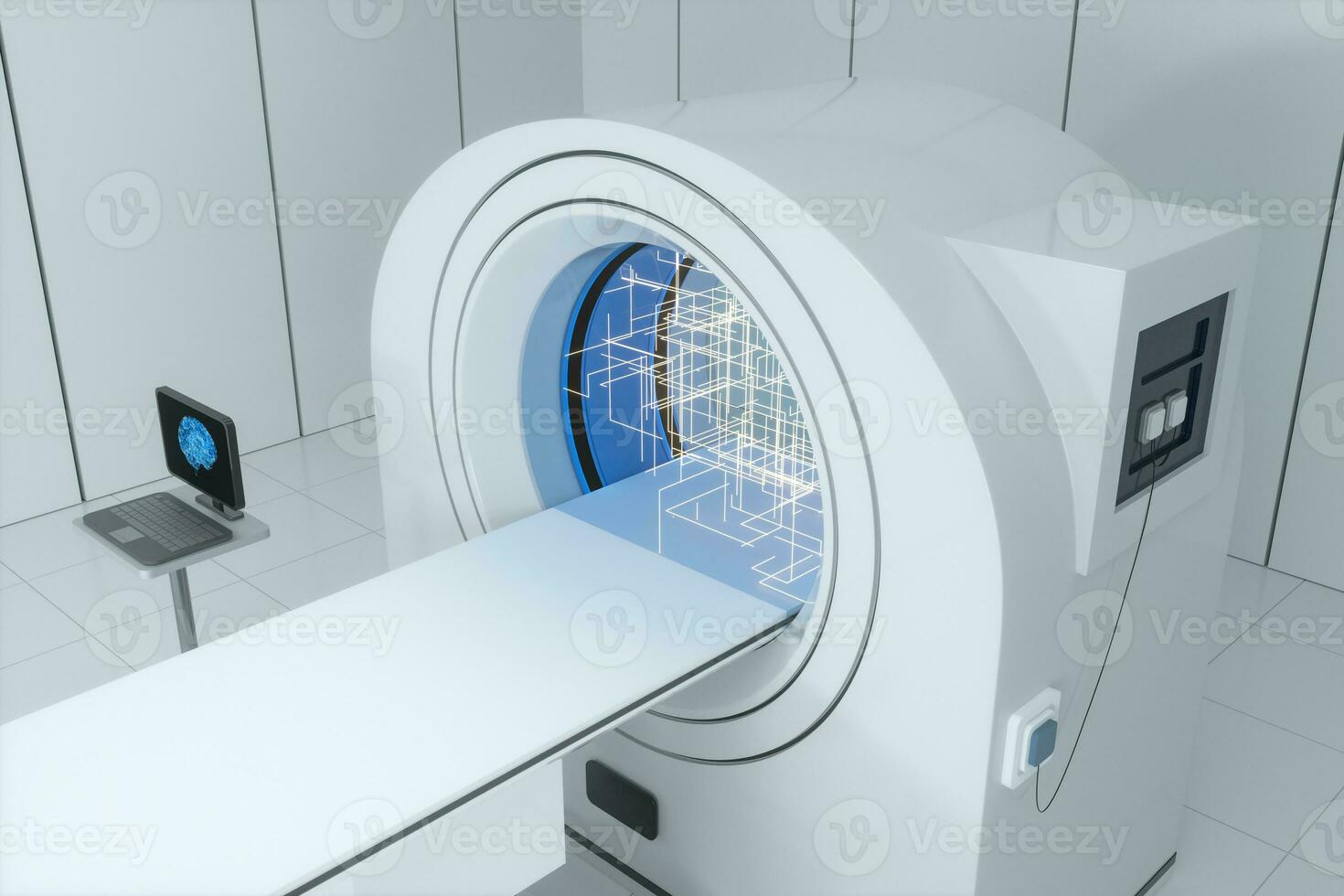 The medical equipment CT machine in the white empty room, 3d rendering. photo