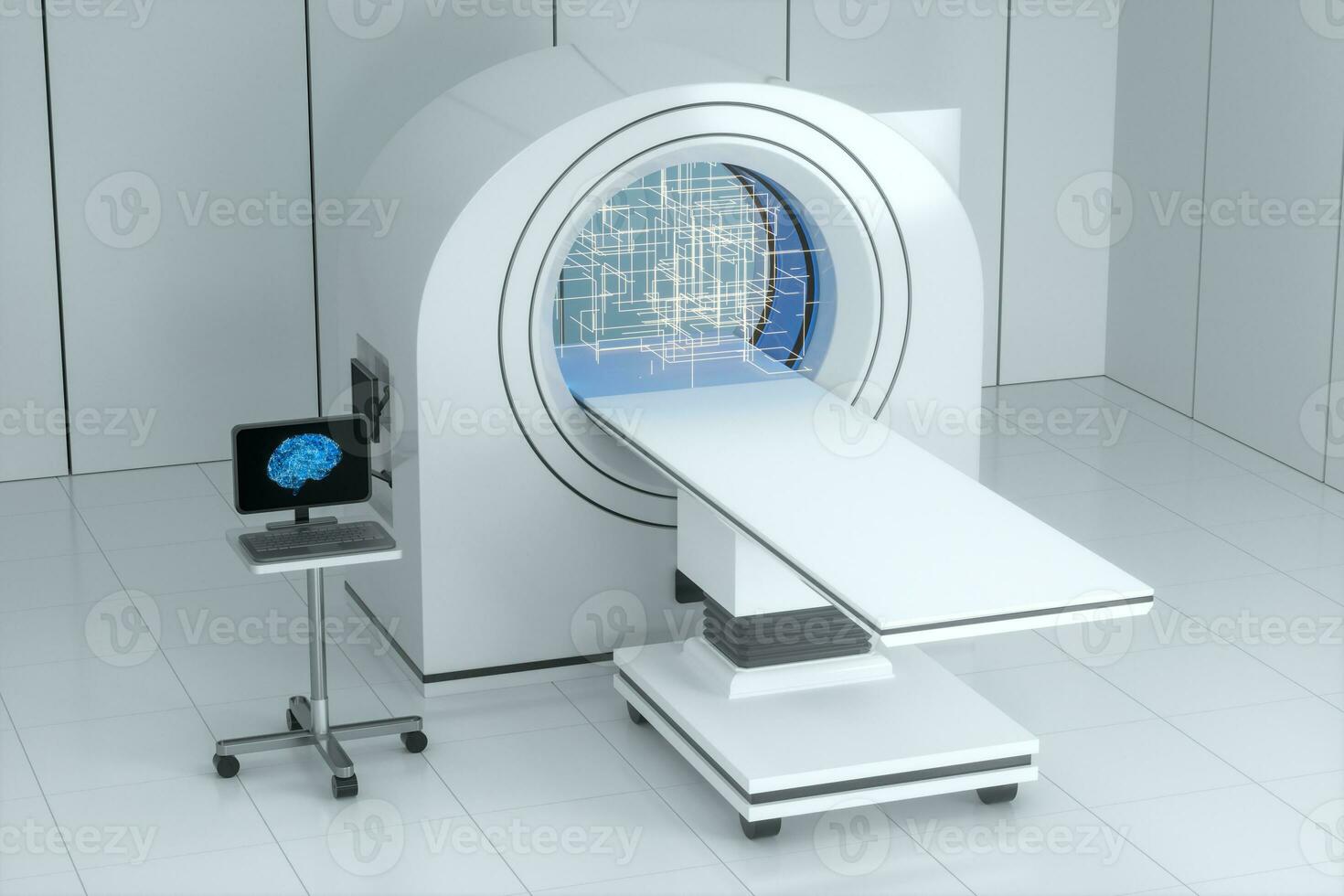 The medical equipment CT machine in the white empty room, 3d rendering. photo