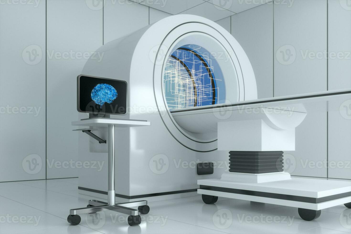 The medical equipment CT machine in the white empty room, 3d rendering. photo