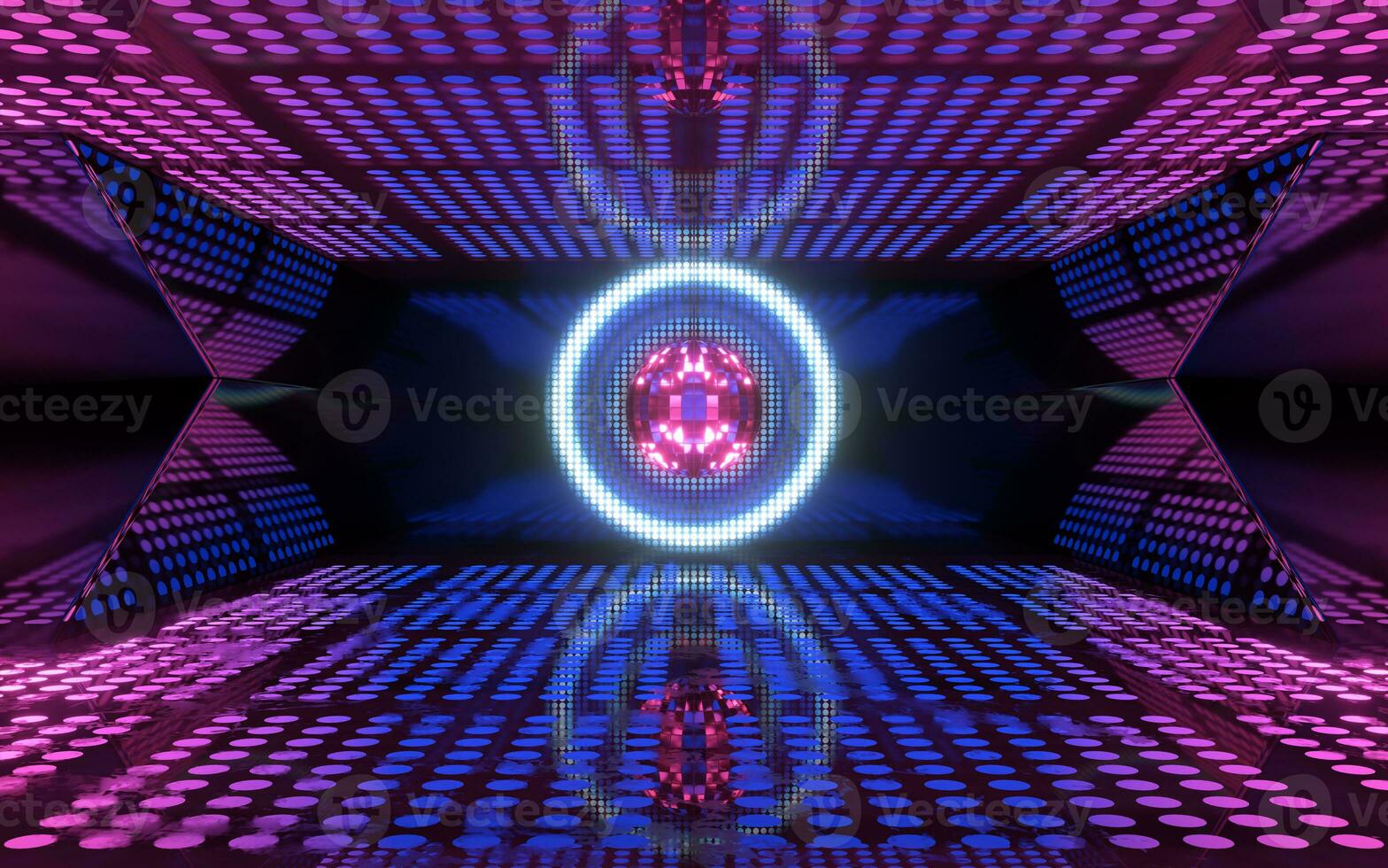 Shiny disco ball with neon light background, 3d rendering. photo