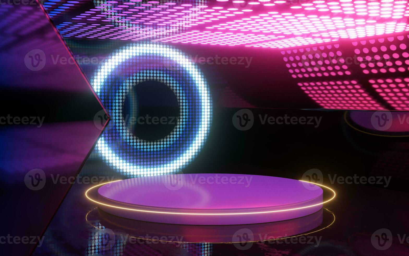 Neon light room with round stage in the center, 3d rendering. photo