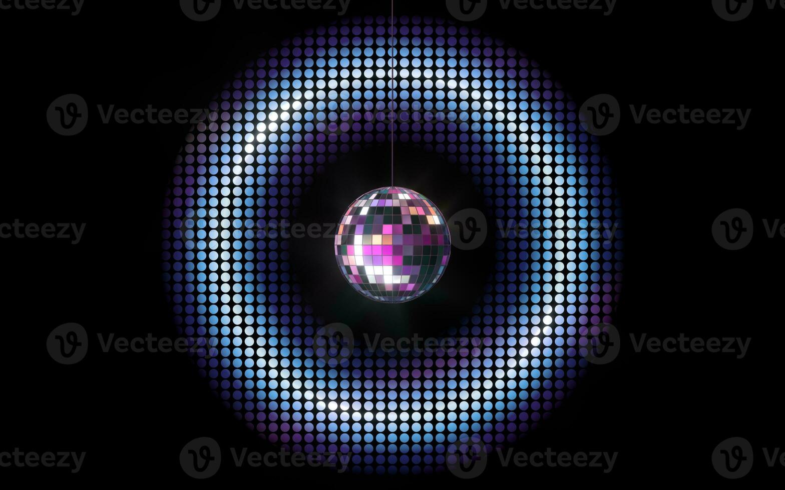 Shiny disco ball with neon light background, 3d rendering. photo