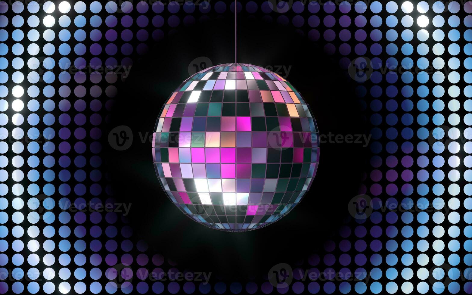 Shiny disco ball with neon light background, 3d rendering. photo