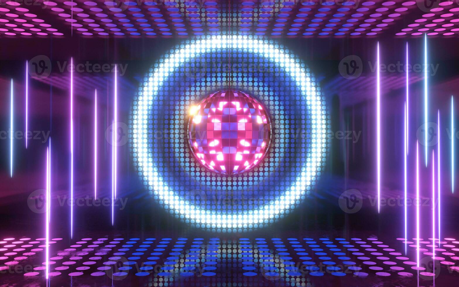 Shiny disco ball with neon light background, 3d rendering. photo