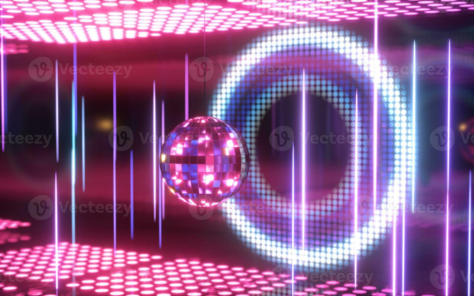 Shiny disco ball with neon light background, 3d rendering. photo