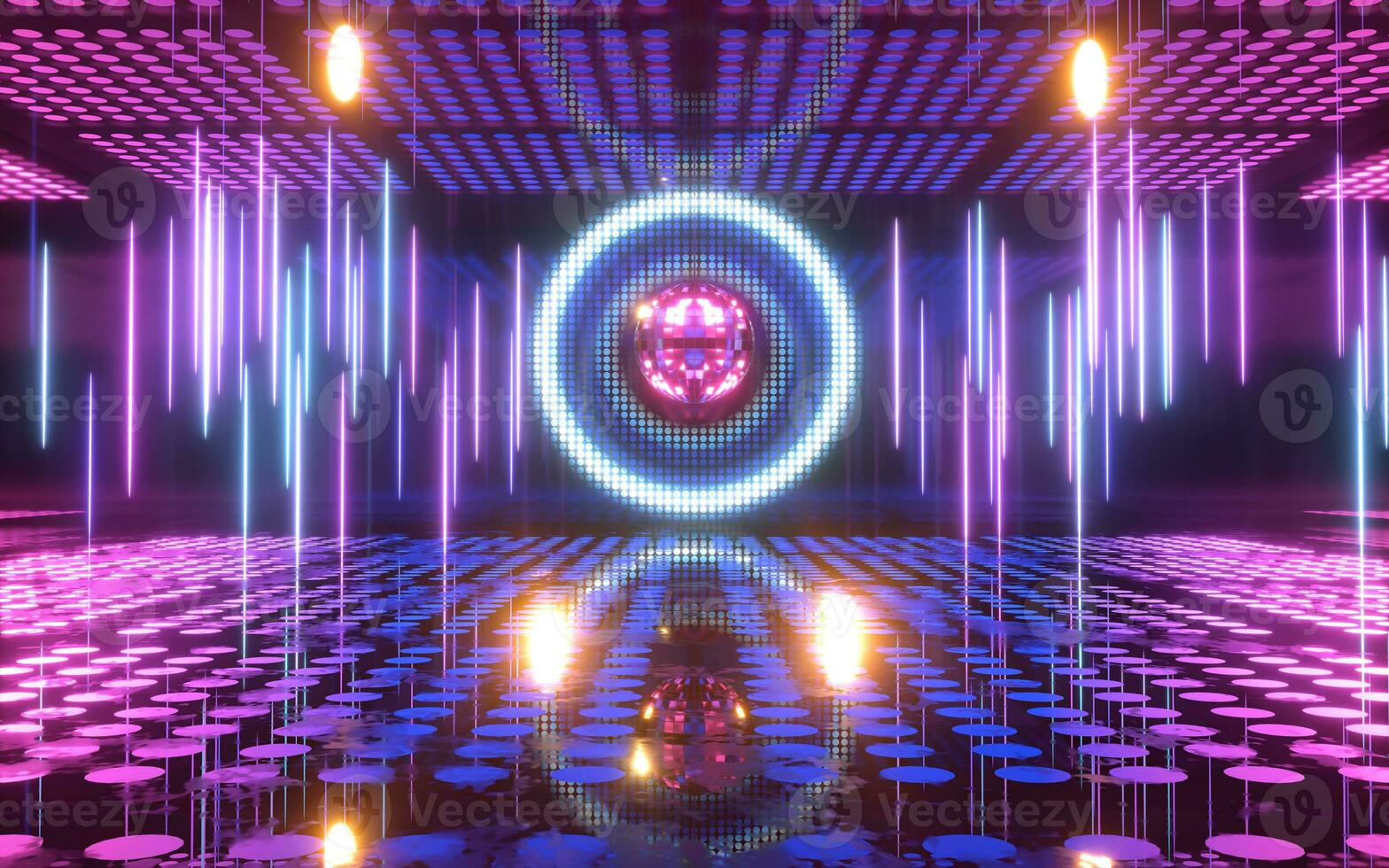Shiny disco ball with neon light background, 3d rendering. photo