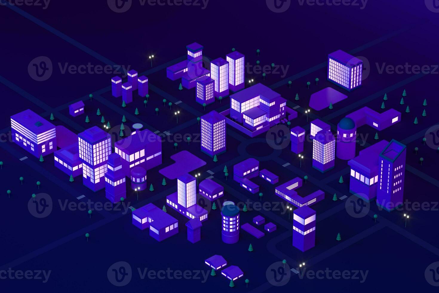 Downtown building at night, simulation city, 3d rendering. photo