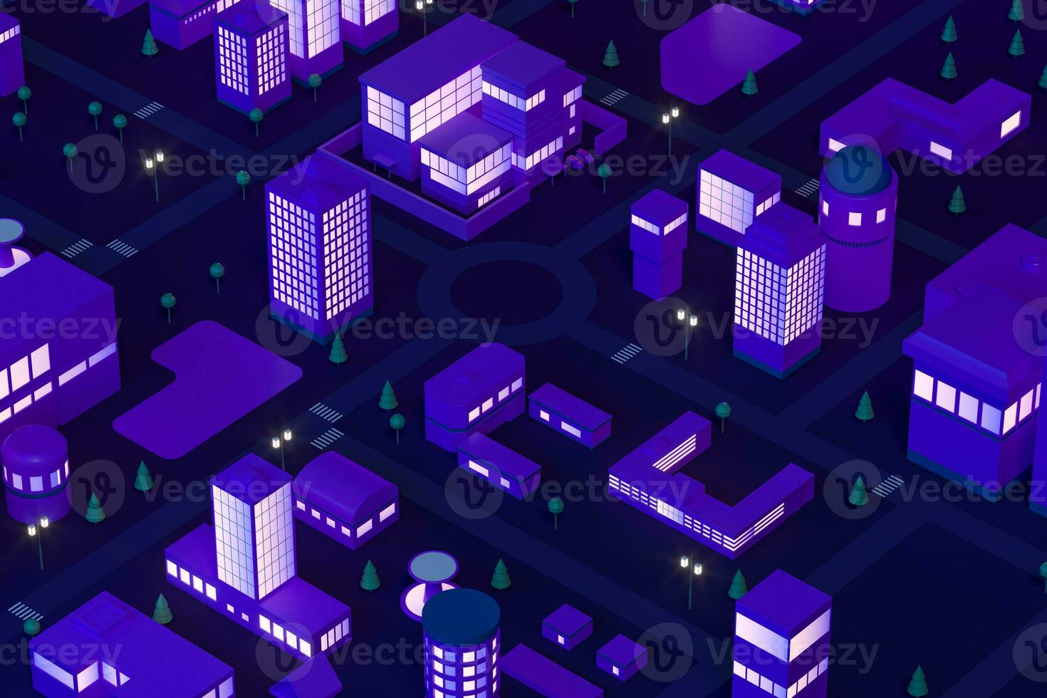 Downtown building at night, simulation city, 3d rendering. photo