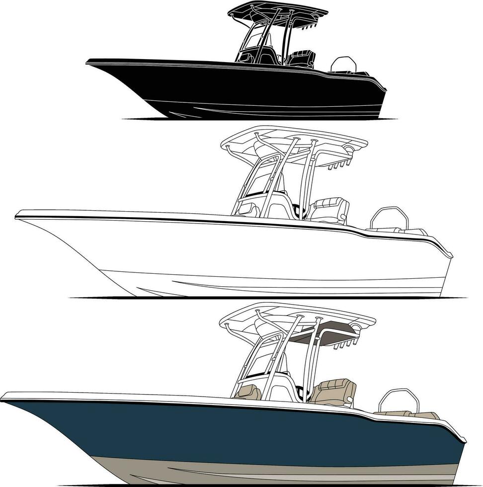 Boat vector, Fishing boat vector line art illustration for t- shirt or other materials printing