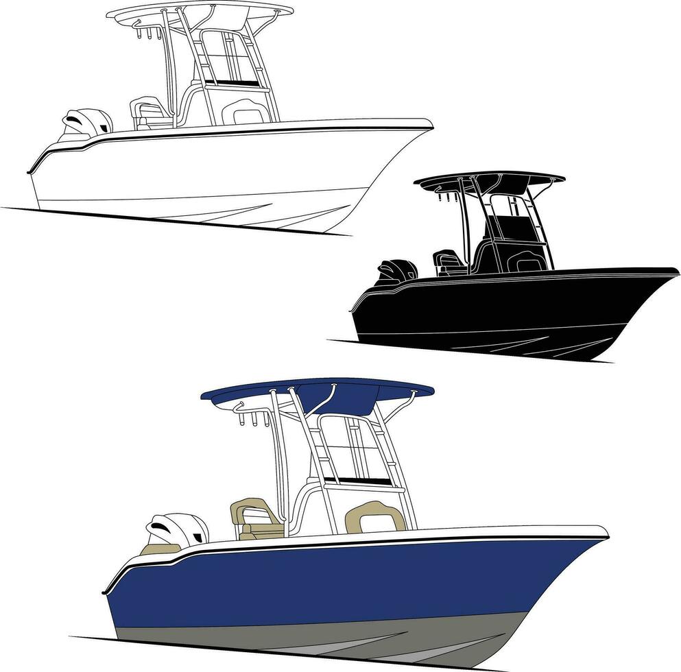 Boat vector, Fishing boat vector line art illustration for t- shirt or other materials printing