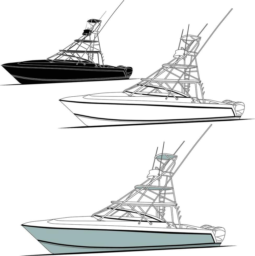 Vector, line art and color image of side view fishing boat on a white background. vector