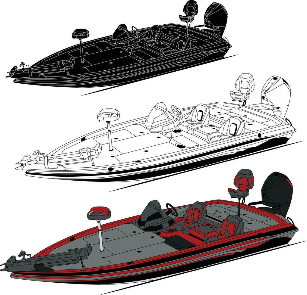 Vector, line art and color image of side view fishing boat on a white background. vector