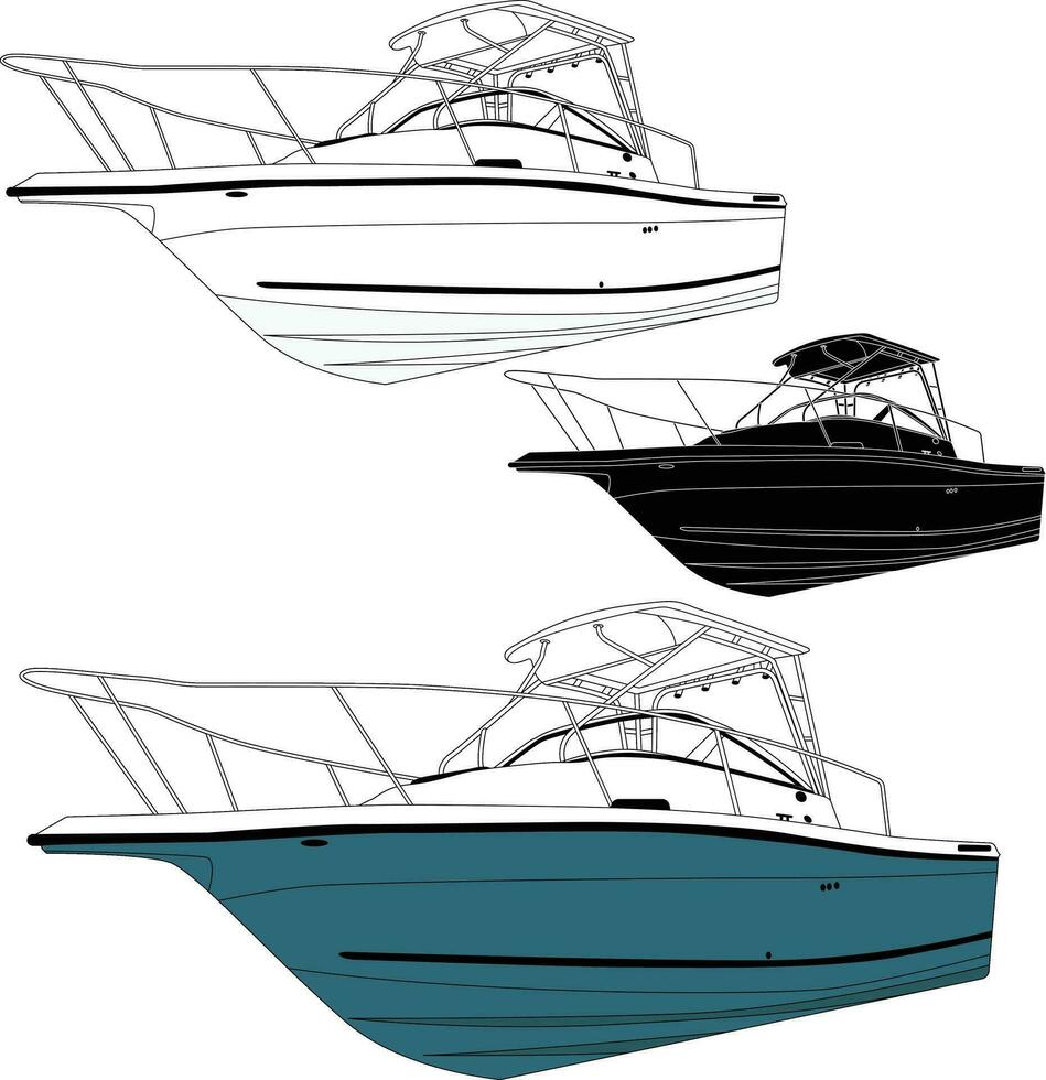 Fishing boat vector, motorboat vector line art illustration and one color