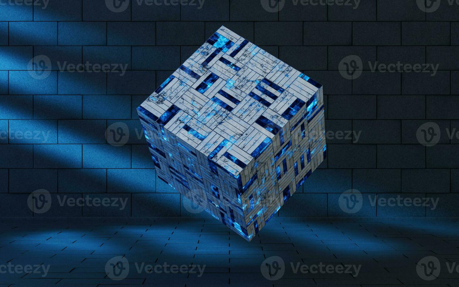 Cubes and materials with dark room, 3d rendering. photo