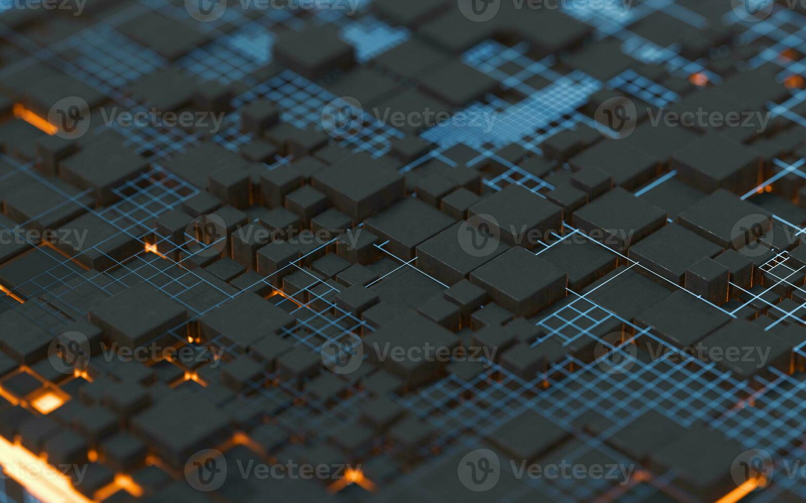 Cubes and materials, circuits and Lines, 3d rendering. photo