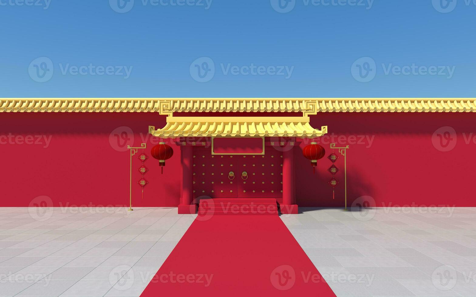 Chinese palace walls, red walls and golden tiles, 3d rendering. photo