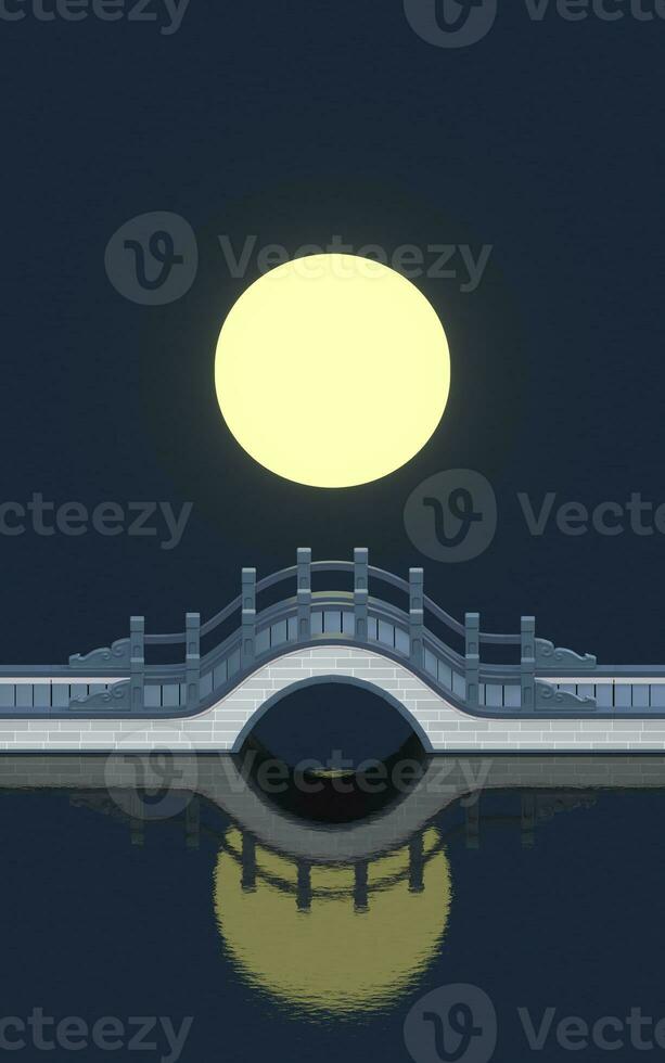 Chinese style bridge with full moon background, 3d rendering. photo