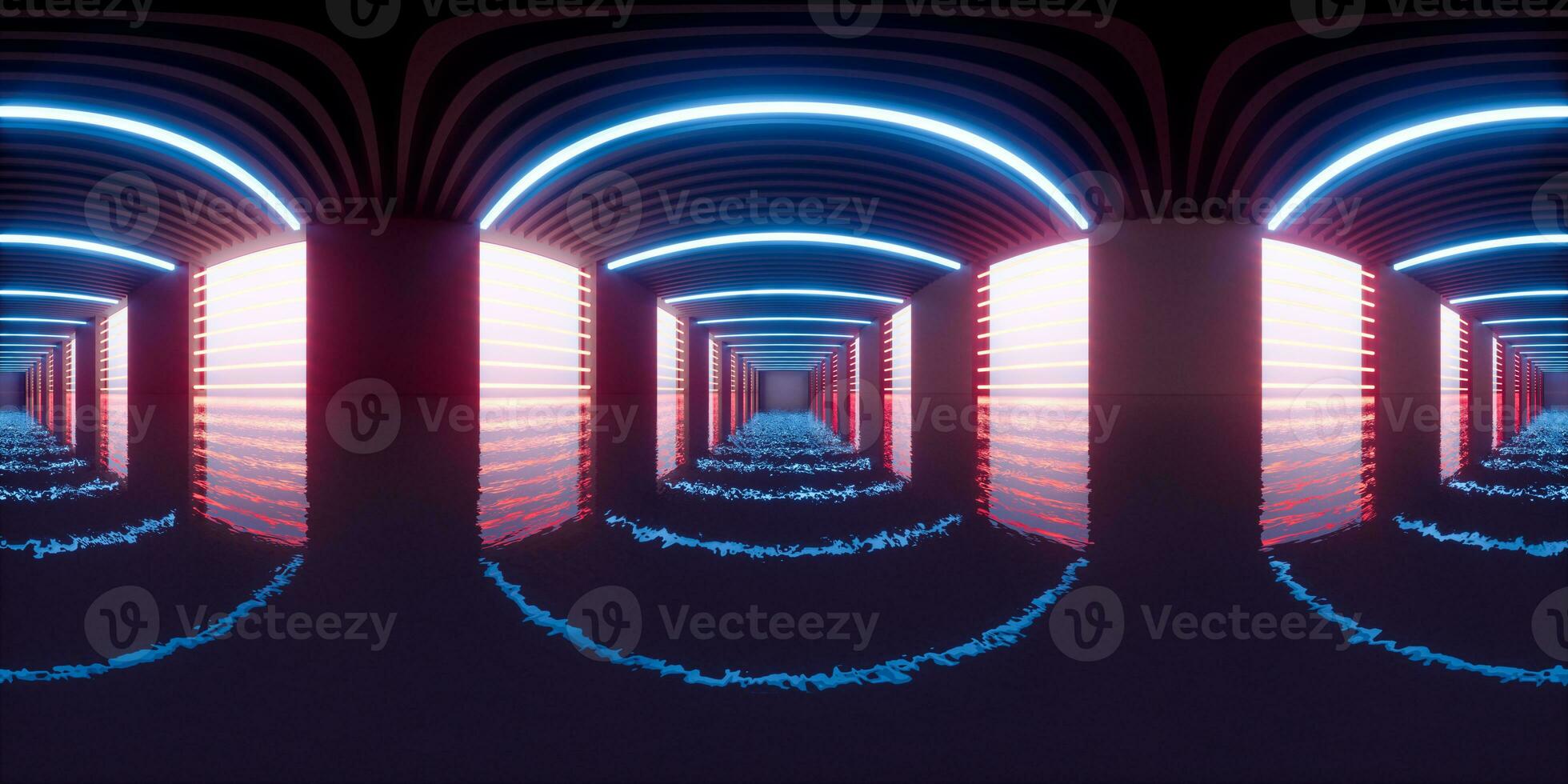 Dark tunnel, futuristic concept, 3d rendering. 360-degree seamless panoramic view. photo