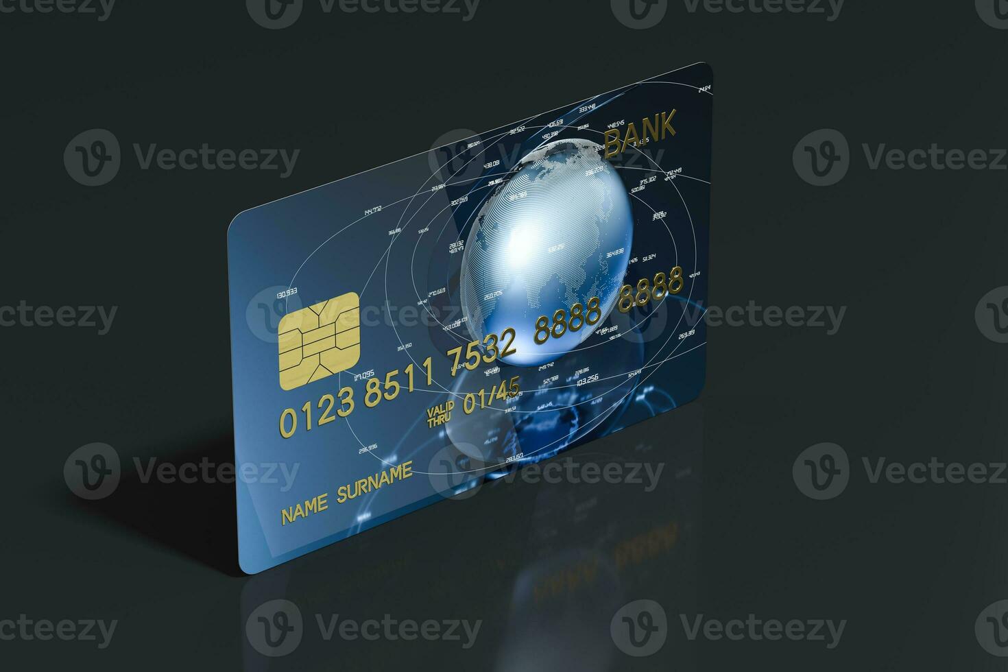 Blue bank card with dark background, 3d rendering. photo