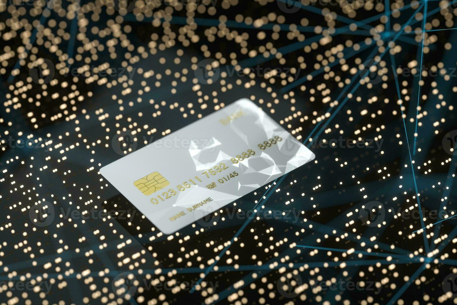 Bank card with glowing technological concept points, 3d rendering. photo