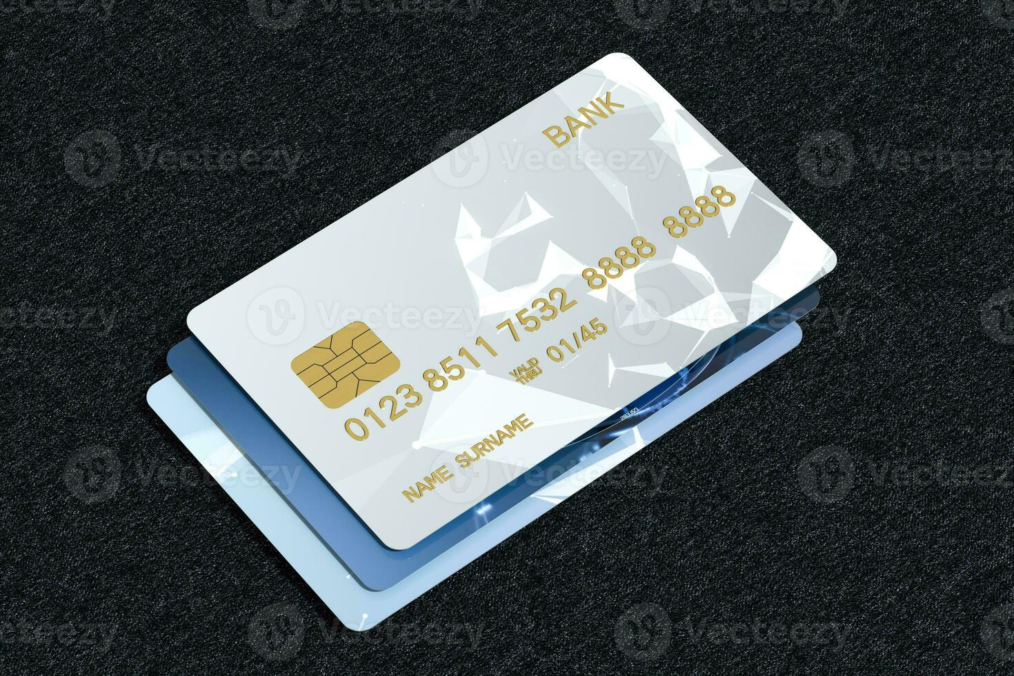 pila de banco tarjeta con negro fondo, 3d representación. foto