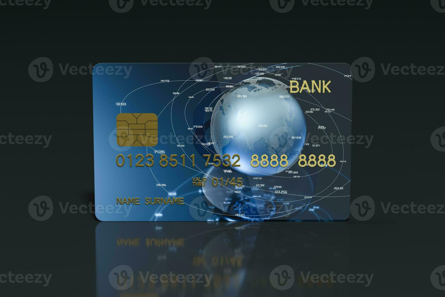 Blue bank card with dark background, 3d rendering. photo