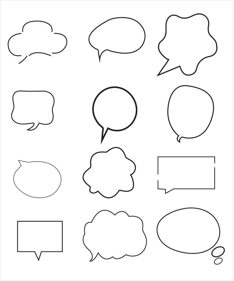 Vector Set of speech bubbles. Dialog box icon, message template. Doodle clouds for text, lettering. Different shape of empty balloons for talk on blue background. Flat vector illustration.