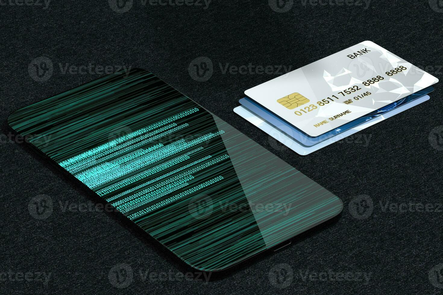 Bank cards and mobile phone with digital numbers, 3d rendering photo