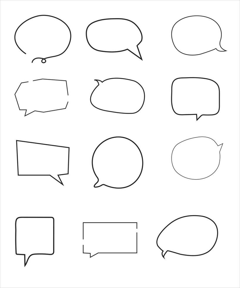 Vector Set of speech bubbles. Dialog box icon, message template. Doodle clouds for text, lettering. Different shape of empty balloons for talk on blue background. Flat vector illustration.