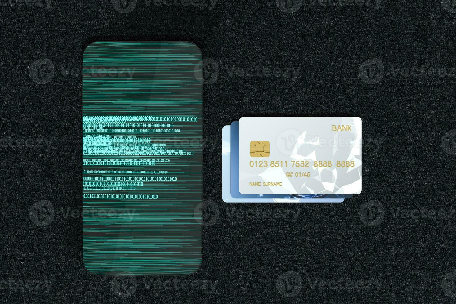 Bank cards and mobile phone with digital numbers, 3d rendering photo