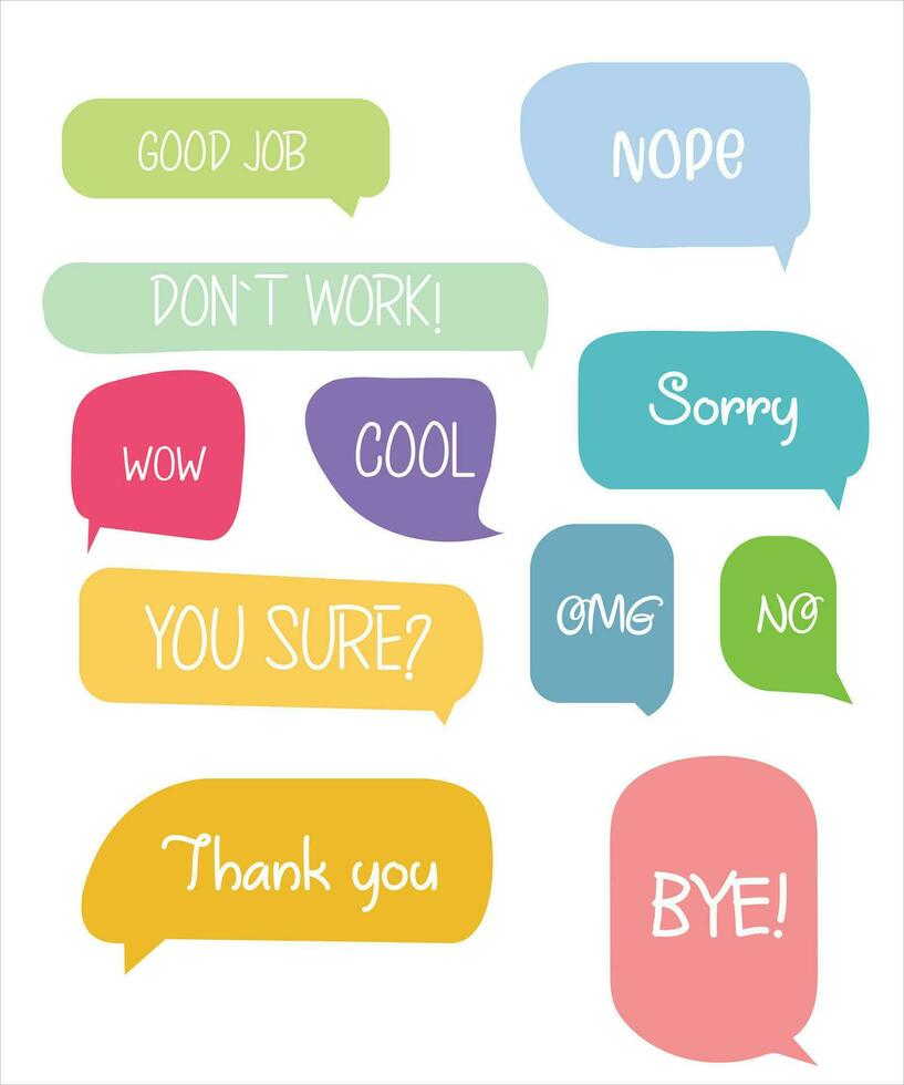 Set of speech bubbles with short phrases yes, thank you, ok, omg, hello, sorry, welcome. vector