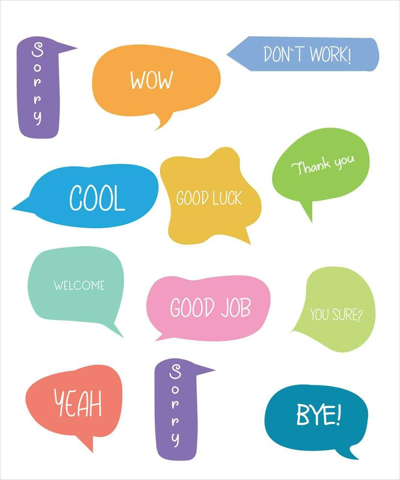 Set of speech bubbles with short phrases yes, thank you, ok, omg, hello, sorry, welcome. vector