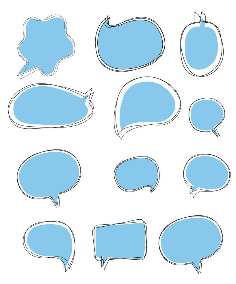 Vector Set of speech bubbles. Dialog box icon, message template. Blue clouds for text, lettering. Different shape of empty balloons for talk on isolated background. Flat vector illustration